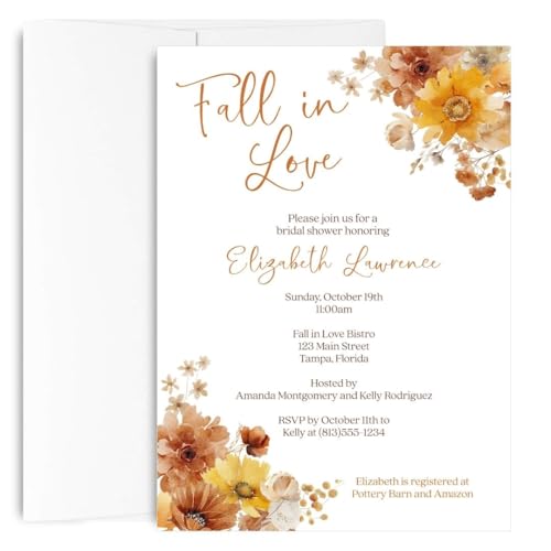 Fall in Love Bridal Shower Invitations – Personalized Autumn Floral Couples Invites | Custom Printed Wedding Shower Invitations with Envelopes (12 Count)