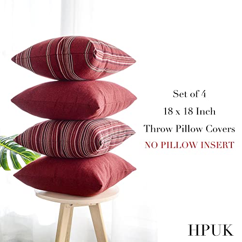Hpuk Stripe Throw Pillow Covers Set Of 4, Stripe And Solid Cushion Cases For Couch, Sofa, Bedroom, Living Room, Bedroom Holiday Decor, 18"X18", Red #TOP4