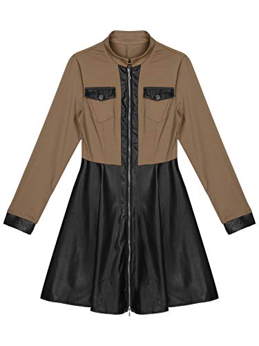iiniim Women's Ladies Faux Leather Patchwork Long Sleeve Party Swing Work Midi Dress with Pockets4