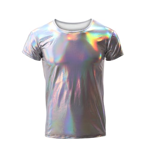 Image of Drelaar Men's Crewneck Short Sleeve Metallic Faux Leather Muscle Undershirt T-shirt Large Silver