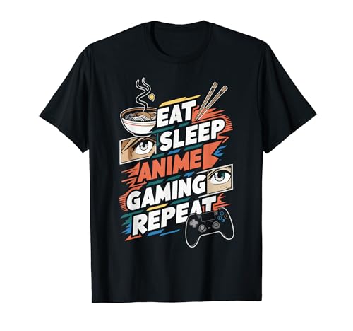 Mangiare Dormire Anime Gaming Ripetere Divertente Otaku Anime Manga Amante Maglietta