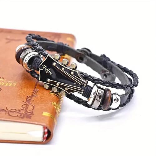 Vipomkowa Retro Faux Leather Guitar Bracelet Mens Leather Bracelet Grandad Bracelet Unique Wristband with Stainless Steel Clasp Rock-Inspired Jewelry for Music Enthusiasts Accessory for Men Women Red - Image 7