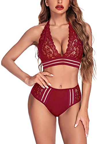 Avidlove Lingerie Set for Women Sexy Bra and Panty Set Two Piece Lace Lingerie Dark Red, M