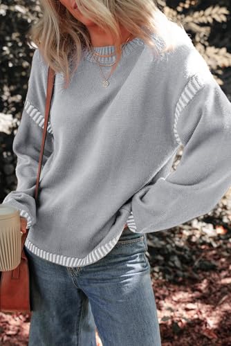 Image of Dokotoo Sweaters for Women Fashion Solid Crewneck Loose Fit Long Sleeve Contrast Cable Knit Pullover Sweater Jumper Tops