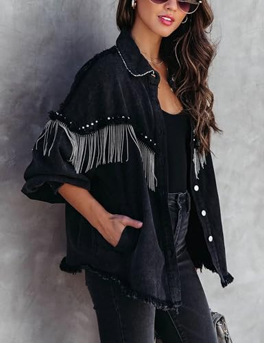 Daacee Oversized Fringe Denim Jacket for Women Frayed Sparkly Tassel Jean Shacket Cowgirl Western Country Concert Outfits2