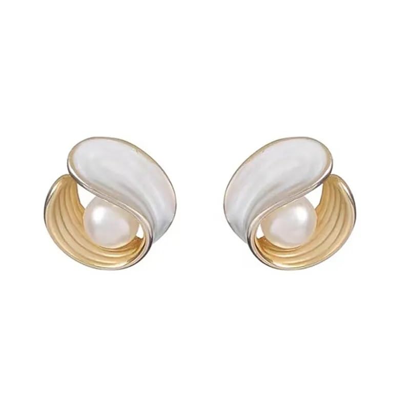 El Regalo Elegant Pearl Earrings- French Style Irregular Enamel Hollow Shell Pearl Earring for Girls & Women (B0CVQB7ZT9) Amazon Price History, Amazon Price Tracker