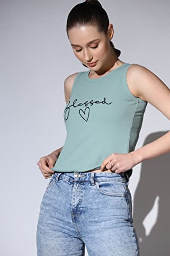 Image of OM SAI LATEST CREATION Crop Tops for Women || Ribbed Solid Chest Printed Crop Top for Girls || Text & Hart Print with Round Neck & Sleeveless Crop Top for Women || Tank Top.