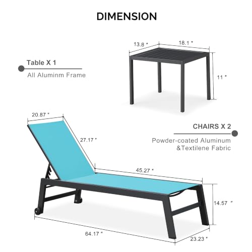 Image of PURPLE LEAF Pool Chaise Lounge 4 Pieces w /Wheels, Textilene Turquoise Blue | Rustproof Aluminum Frame, 5-Position Reclining Back, Easy-Clean, All-Weather Durable, UV-Blocked Fabric, Side Table Include
