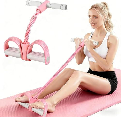 Image of Pedal Resistance Band with Handle, 8-Tubes Multifunction Pedal Resistance Band, Natural Rubber Foot Pedal Resistance Band, Exercise Bands with Handles for Abdomen, Waist, Arm, Leg, Pink