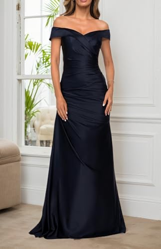 Off Shoulder Mother of Bride Dresses for Wedding Satin Long Evening Gowns Ruched Mermaid Formal Dress4