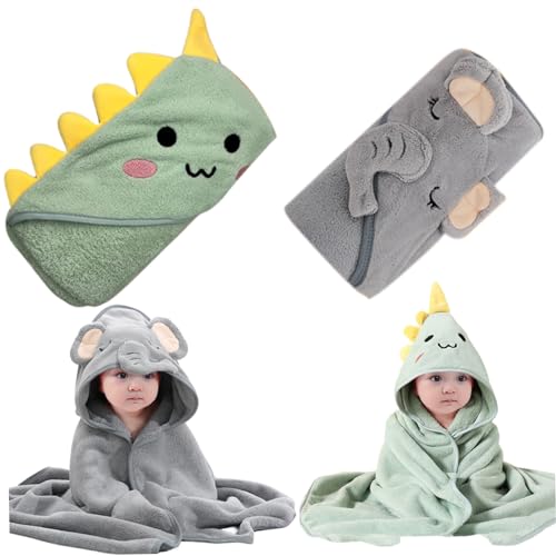 Baby Hooded Towels 2Pcs 32×32” Soft & Absorbent Kids Bath Towel With Cute Dinosaur Design – Swimming Bathrobe Gifts for Boys Girls Toddlers