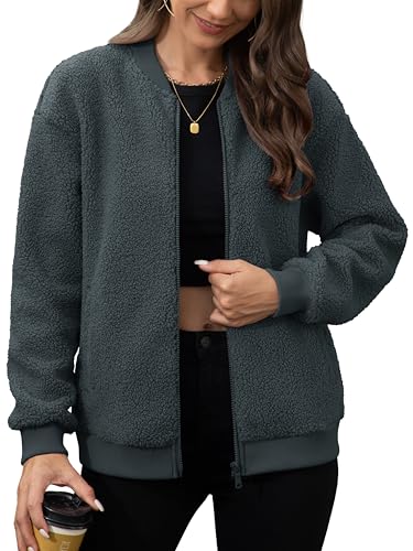 MAGCOMSEN Women's Sherpa Fleece Jacket Long Sleeve Fuzzy Comfy Fall Coat Bomber Zip Up Winter Jackets with Pockets