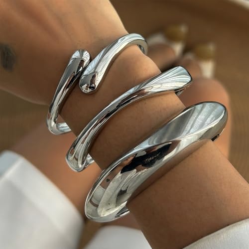 3PCS Stackable Bangle Bracelets for Women - Gold and Silver Chunky Wide Cuff Bracelets Set, Trendy Dainty Jewelry Gifts2