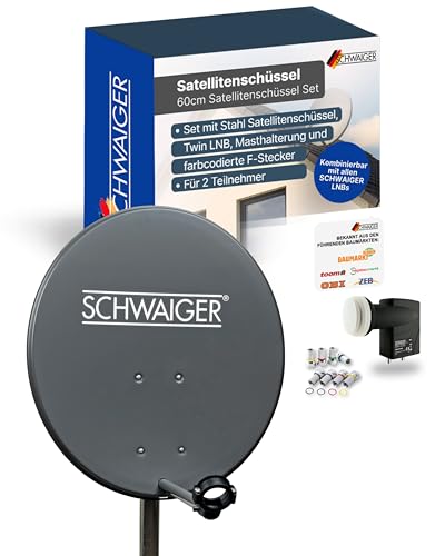 SCHWAIGER Satellitenschüssel Komplettset - Ø 60 cm Stahl Offset Antenne in Anthrazit - Inkl. sonnengeschütztes Twin LNB - Digital HD & 4K Empfang - Hitzebeständig & wetterfest