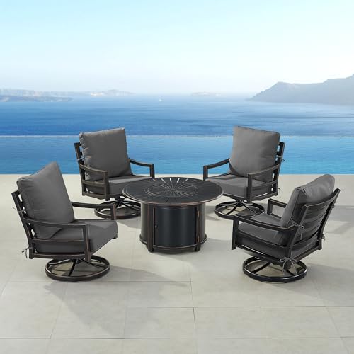 Oakland Living Black Aluminum Patio Fire Table Set with Four Club Chairs with Black Cushions