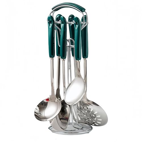 QeMiyg キッチンツール7点セット ステンレス製 棚付き収納ラック 壁掛け対応 ブラック 省スペース 台所用 調理器具 キッチン収納 新生活 一人暮らし おしゃれ 簡単設置 サビに強い 耐久性 (緑色)