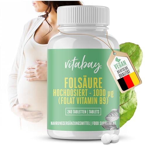Vitabay Folsäure Tabletten Hochdosiert 1000 mcg (VItamin B9) - 240 VEGANE Tabletten - Folsäure Kinderwunsch Schwangerschaft Vitamine - für Männer - Hohe Bioverfügbarkeit - Laborgeprüft