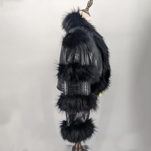 LVCOMEFF Women Sheep Leather Cropped Jacket Bolero Top Coat Motorcycle Jacket With Fox Fur Layer Long Sleeve Python Pattern4
