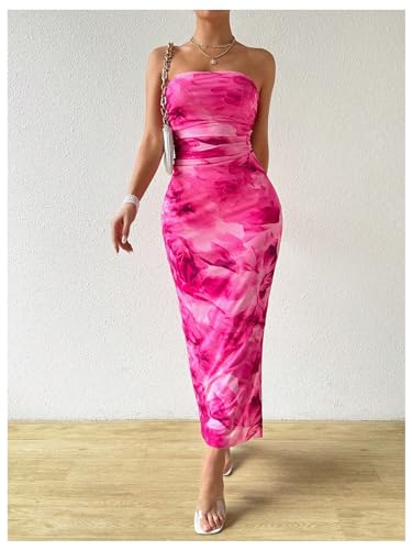 Image of GORGLITTER Women's Floral Strapless Bodycon Wedding Guest Dress Vacation Summer Birthday Tropical Maxi Long Sun Dresses Hot Pink Large