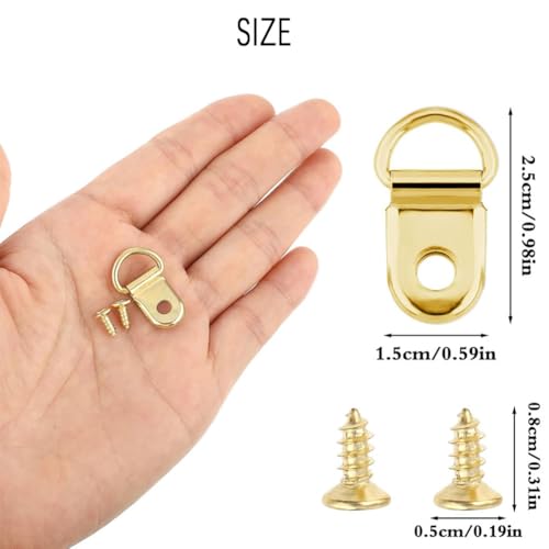 Image of 50Pcs D Ring Hangers Single Hole Hardware Set, Tie Down Anchors with Screws, Ideal for Hanging Pictures, Photo Frames, Paintings, Artworks, Christmas Accessories (Golden)