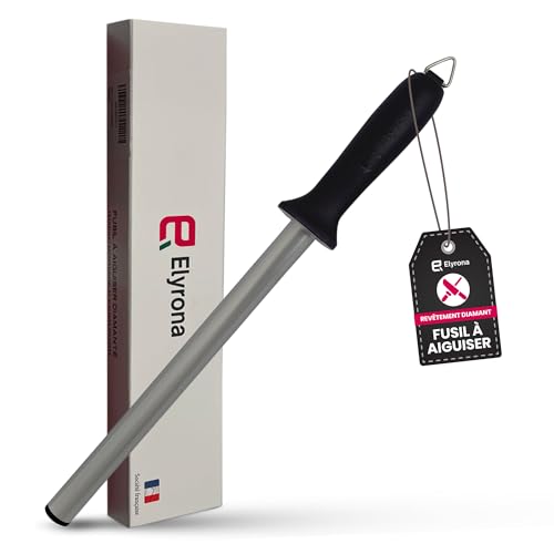 Elyrona - Fusil a aiguiser diamant professionnel 25 cm - aiguiseur couteaux pro - affuteur de couteaux plus efficace que pierre a aiguiser - fusil diamant compatible tous couteaux de cuisine