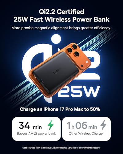 Baseus PicoGo AM52 Powerbank, Qi2.2 Magsafe Powerbank 10000mAh, ultraschnelles 25W kabelloses Laden, PD 45W Schnellladung, schlanker magnetischer externer Akku für iPhone 17/16 Pro Max, Schwarz 3