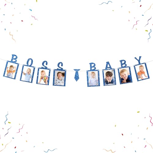 WeBenison Boss Baby Photo Banner Boys 1st Birthday Paper Photo Frame Monthly Milestone Bunting Decorations Gender Reveal Birthday Picture Banner Gold Glitter