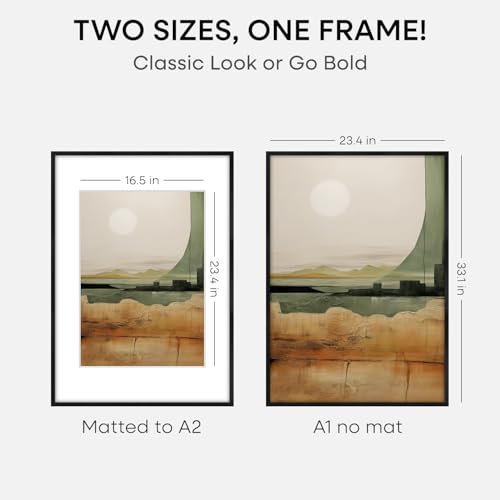 Image of Homeforia A1 Black Oak Poster Frame, High-End Wood, A2 Mat, Glass | High End Solid Oak Wood, Tempered Glass, Acid-Free A2 Removable Mat, A1 Edge-to-Edge Display, Wall Kit, Set Of 2