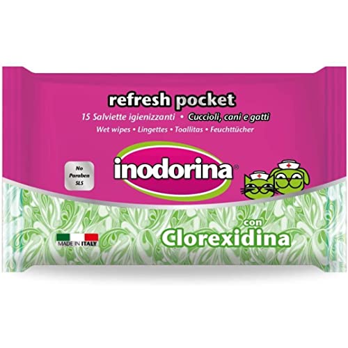 Inodorina Toallitas Desinfectantes para Perros y Gatos Refresh Clorhexidina (15 Unidades). Toallitas Húmedas de Higiene para Mascotas, Tejido Resistente Sin Alcohol.
