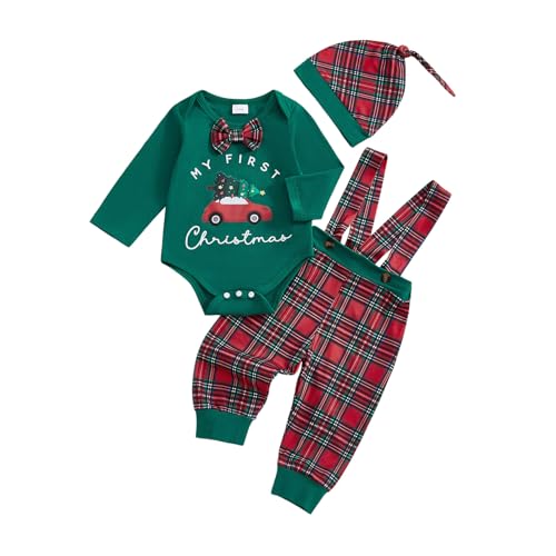 Image of My First Christmas Baby Boy Outfit Newborn Tree Truck Long Sleeve Romper Plaid Suspender Pants Hat 3Pcs Clothes Set