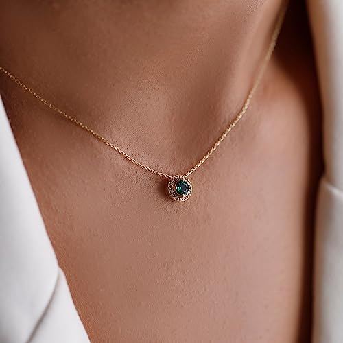 14k Diamond Emerald Necklace, Solid Gold Emerald Necklace, Diamond Necklace, Round Diamond Pendant2