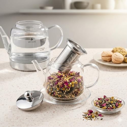 Image of Borosilicate Glass Teapot Set | Heat-Resistant Turkish Tea Maker with Stainless Steel Infuser and Metal Base | 2.5 lt Total Capacity, Drip-Free Spouts, Clear Glass Samovar Style (BRILLANT TEAPOT)