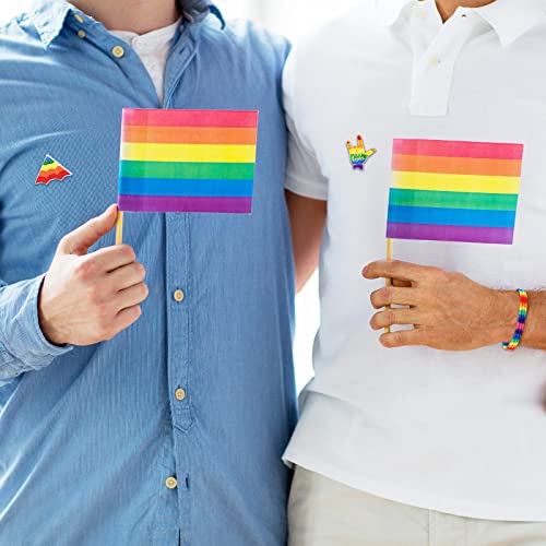 Image of Junkin 80 Pcs Pride Flags Bulk Rainbow Pride Pins Bulk LGBT Lapel Pins Gay Flag Brooch Pins with Rainbow LGBT Pride Bracelet and Pride Hand Held Flag for Clothes Bags Accessories Gifts