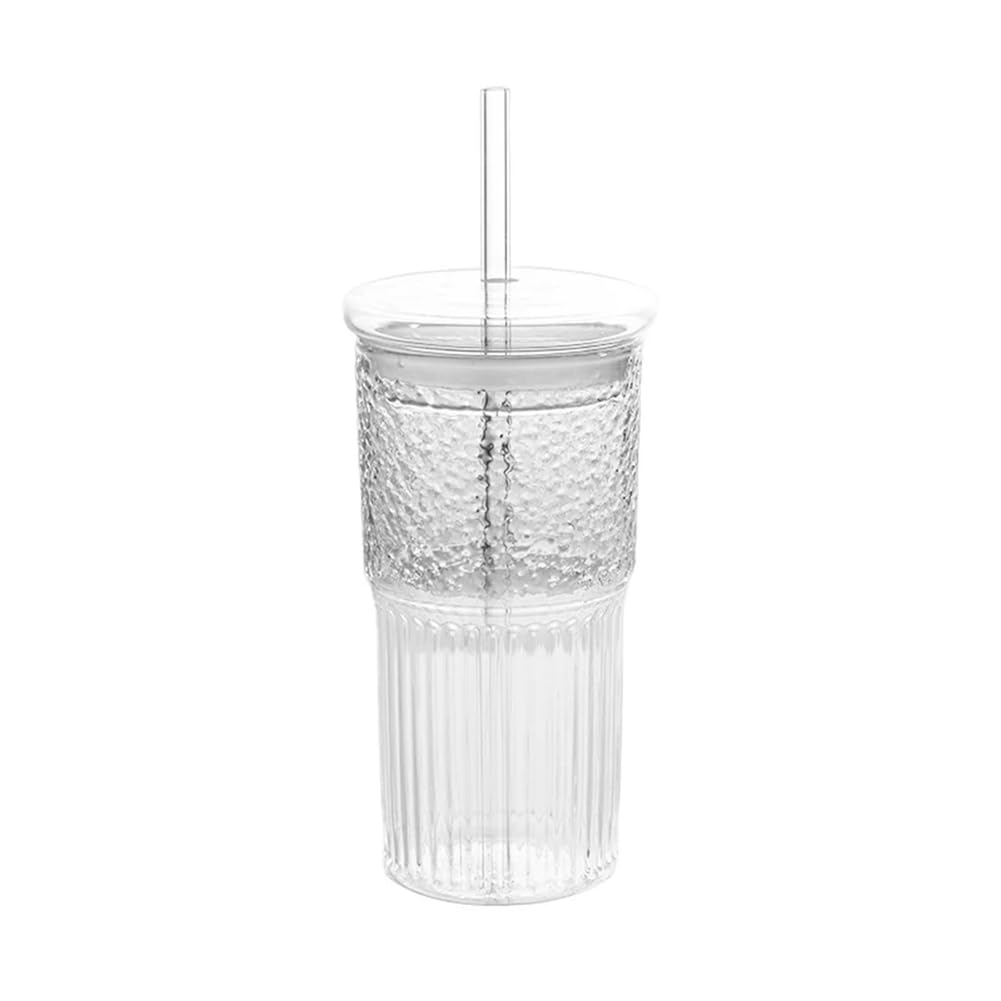CTRLZS 600Ml Milk Coffee Cup Water Cup with Lid and Straw Transparent Stripe Mug Drinking Glasses Juice Tea Cup