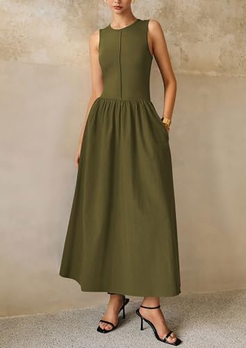 Image of PRETTYGARDEN Maxi Dresses for Women 2026 Summer Casual Sleeveless Patchwork Flowy Vacation Sundress Knit Long Work Tank Dress
