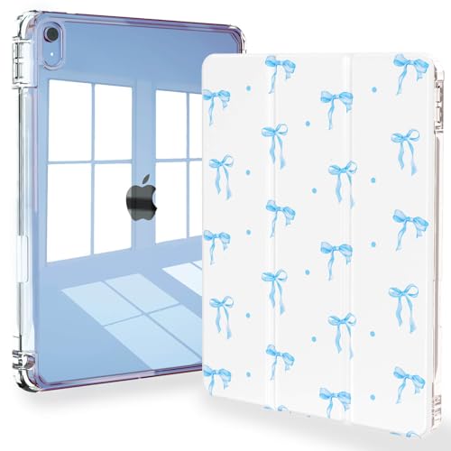 Feams Slim Case for iPad (A16) 11th Generation 11 Inch 2025 iPad 10th Generation 10.9 Inch 2022 Tri-Fold Stand Clear Back Cover with Pencil Holder & Auto Sleep Blue Bow