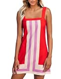 Picture of Fiona Jolin Women's Striped Mini Dress Boho Shoulder Strap Sundress Summer Cover Up Dress for Beach (Red-M)