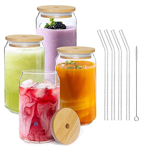 Image of KiKiluxxa 540ml Glass Can Style Tumbler Set of 2 with Wooden Lid & Glass Straw | Reusable Cups for Juice, Milk, Tea & Coffee | Stylish Drinkware for Home Use (Halifax Plain Tumbler 2)