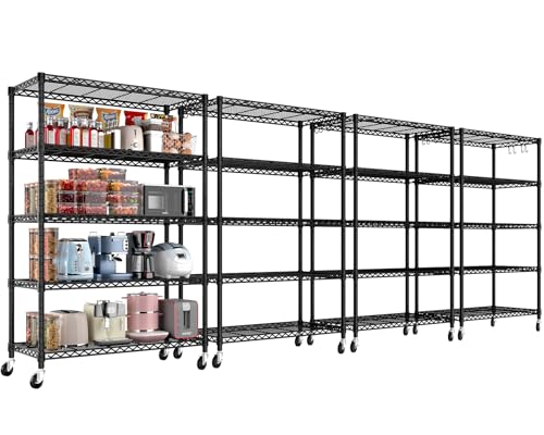 Image of PrimeZone 36 inchW x 16 inchD x 79 inchH Wire Shelving with Wheels, 5-tier Metal Shelf | NSF Certified, Heavy Duty Pantry Storage Shelves, Rolling Bakers Rack with 4 Hooks, Kitchen Shelving Unit for Closet 4PCS