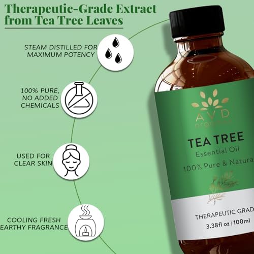 AVD Organics Tea Tree Oil | 100% Pure and Natural Tea Tree Essential Oil for skin | for Nail Fungus Face Aromatherapy Home Diffusers Carrier | 3.38 fl. Oz - 4