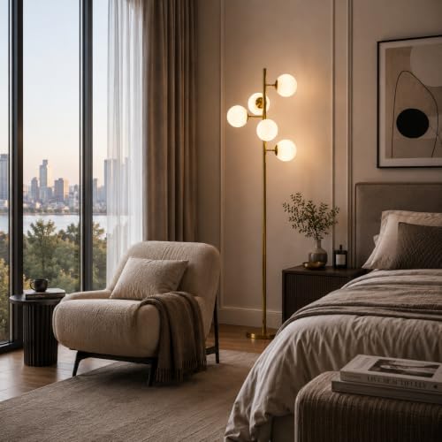 Image of BOKT Brass Floor Lamp 5 Head Milk Glass Vintage Adjustable Reading Lamp