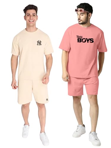 Image of Zombom Combo of Men's Night Suit | Men's Co-ord Set | Lounge-wear Nightdress Pajama Set | Summer Night Wear | Solid Plain Casual Pajama Shorts Set | Beach Wear Pack of 2