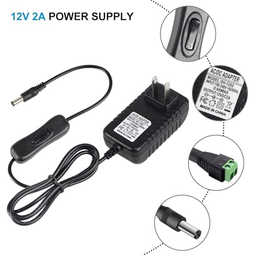 Image of 12V Power Supply, 12 Volt 2A 24W DC Power Supply with On Off Switch, Black Switching LED Power Adapter, AC 110V to 12V Transformer Plug for LED Strip Lights with 5.5 /2.1 DC Female Connector, 3 Pack