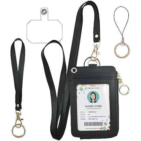 bolimoss Black Lanyards for Id Badges, Pu Leather ID Badge Card Holder Wallet with 1 Clear ID Window, 4 Credit Card Slots, 1 Side Zipper Pocket,Wrist Strap, Neck Lanyard,Phone Holder, Ring Keychain Cover