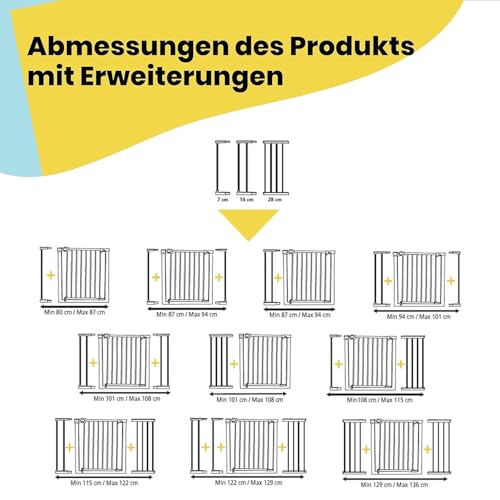 Safety 1st SecureTech Metal Gate, Treppenschutzgitter ohne Bohren, 73–80 cm (bis 136 cm erweiterbar), Leicht Schließbares Türschutzgitter, mit Einer Hand Öffnen, Kein Bohren, Zweifachsicherung, Weiß