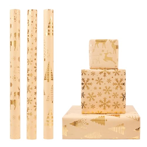 Gold Weihnachts-Geschenkpapierrolle, 3 Rollen 43cm x 3m Kraft Weihnachts-Geschenkpapier, Weihnachts-Geschenkpapier für Weihnachten, Party, festliche Dekorationen