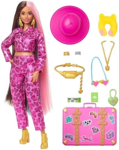 Barbie Extra Fly Lalka Safari w podróży z ubrankami na safari, strój ze zwierzęcym nadrukiem i walizka HPT48