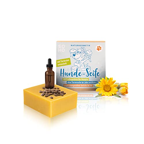 SOHO Naturkosmetik Hundeshampoo vegan (110g) • Shampoo für Hunde & Welpen • Natürliche Fellpflege • Hundeseife mit Ringelblume Cover