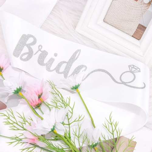 Bride Sash with Diamond Ring Icons Bride to Be White and Silver Glitter Bridal Sash for Bachelorette Wedding Bridal Shower Hen Party2