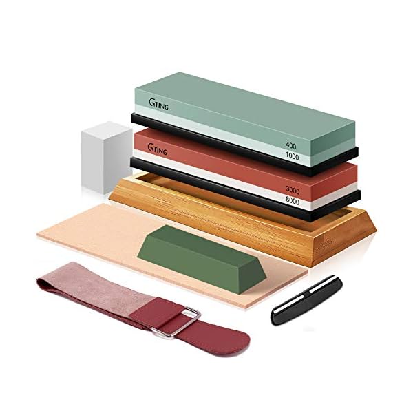 Knife Sharpening Stone Set, G-TING 400/1000 and 3000/8000 Grit Whetstone Knife Sharpener Kit with Leather Razor Strop…